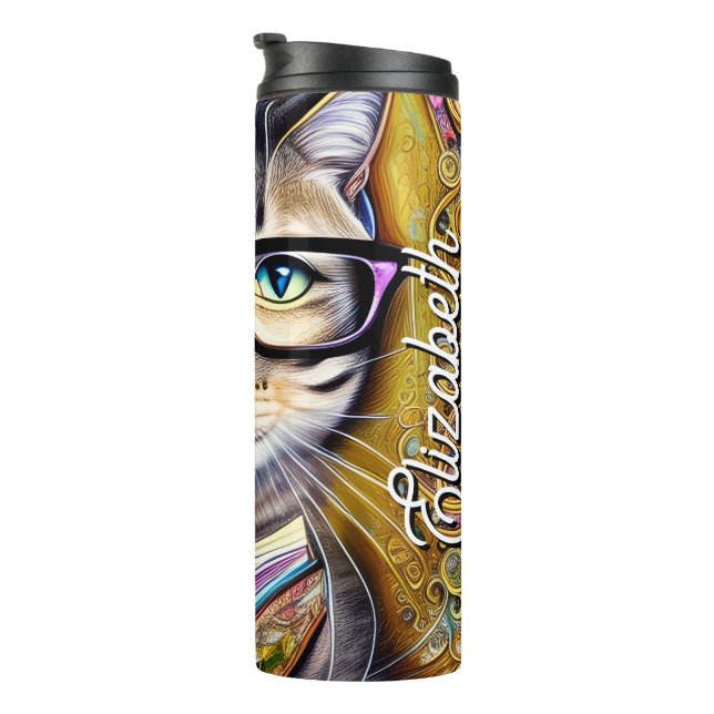 Custom Name Cat Wearing Glasses Holding a Book Thermal Tumbler (Rotated Right)