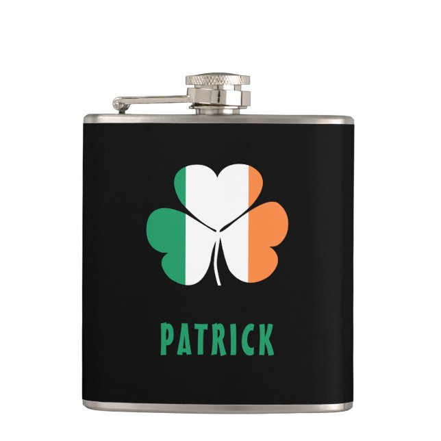 Custom Name Celtic Ireland Shamrock Irish Flag Hip Flask (Front)