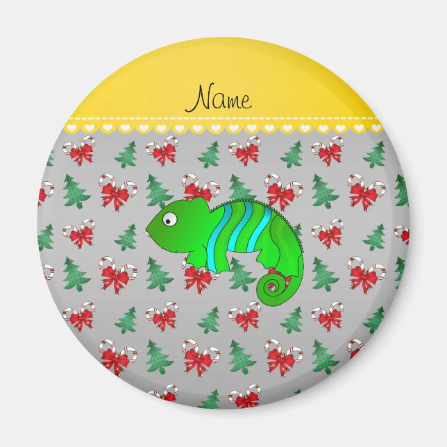 Custom name chameleon silver candy canes bows magnet (Front)
