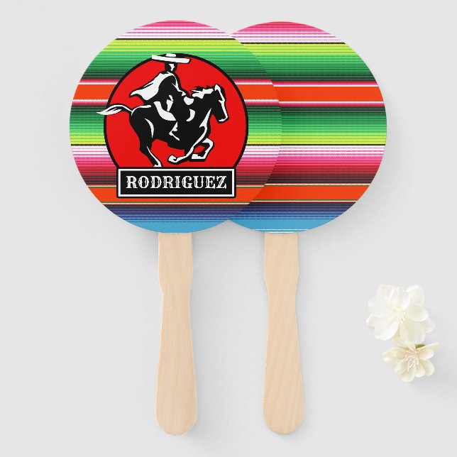 Custom NAME Charro Horse Spanish Mexican Serape Hand Fan (Front and Back)