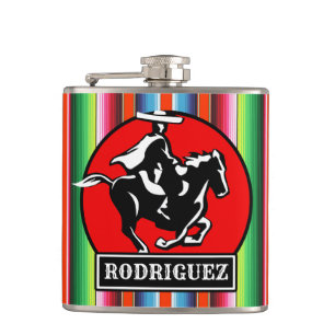 Custom NAME Charro Horse Spanish Mexican Serape Hip Flask