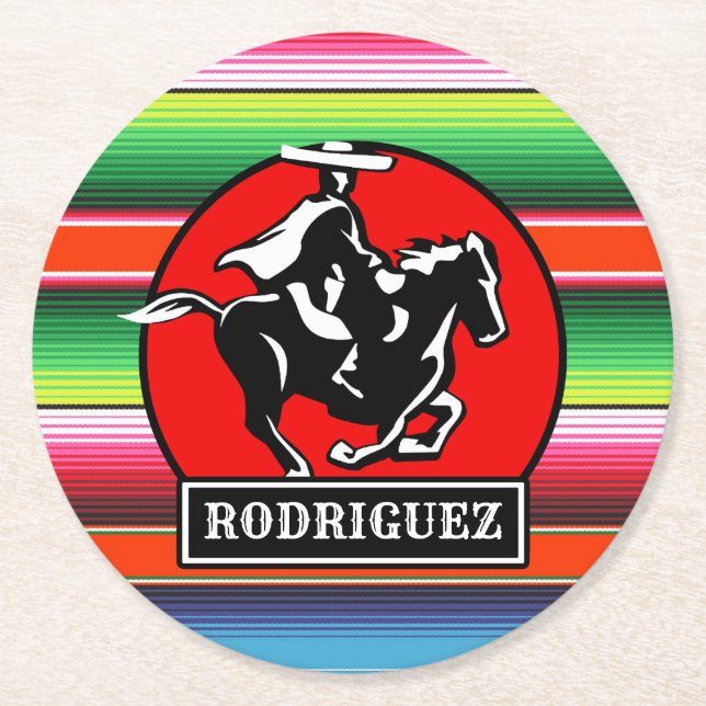 Custom NAME Charro Horse Spanish Mexican Serape Round Paper Coaster (Front)
