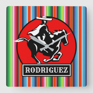 Custom NAME Charro Spanish Fiesta Mexican Serape Square Wall Clock
