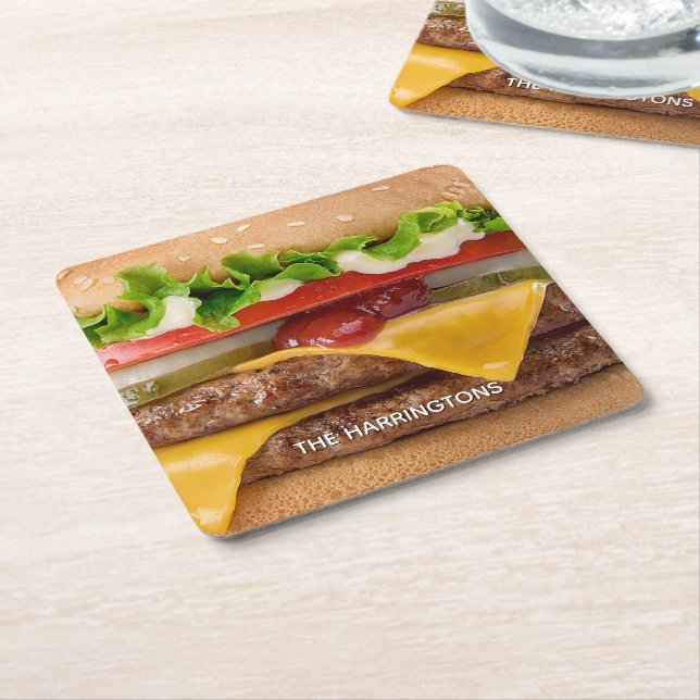 Custom Name Cheeseburger Square Paper Coaster (Angled)