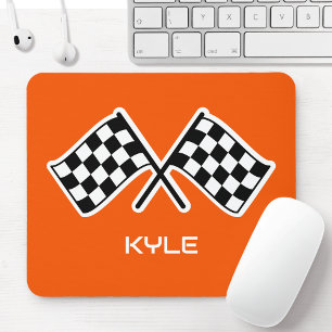 Custom Name Chequered Flag Car Orange Mouse Mat