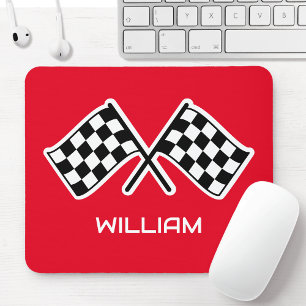 Custom Name Chequered Flag Car Red Mouse Mat