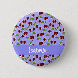 Custom name cherries pattern blue 6 cm round badge