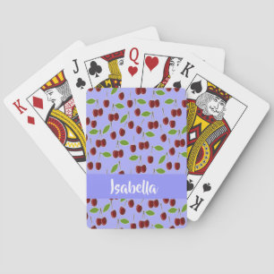 Custom name cherries pattern blue playing cards