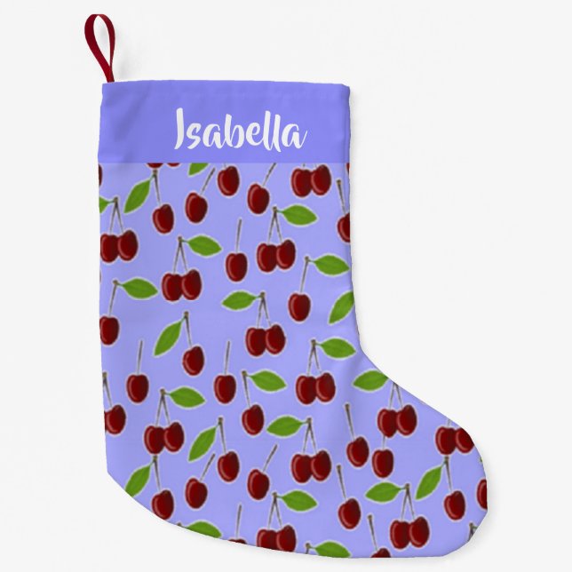 Custom name cherries pattern blue small christmas stocking (Front)