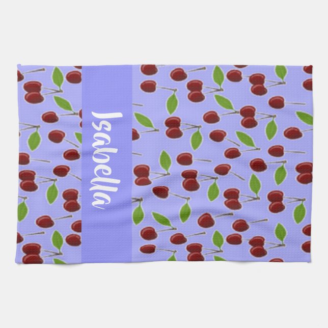 Custom name cherries pattern blue tea towel (Horizontal)