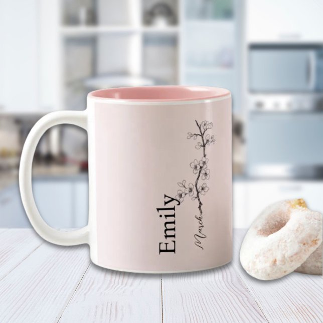 Custom Name Cherry Blossom March Birth Flower Two-Tone Coffee Mug (Custom Name Cherry Blossom March Birth Flower Two-Tone Coffee Mug)