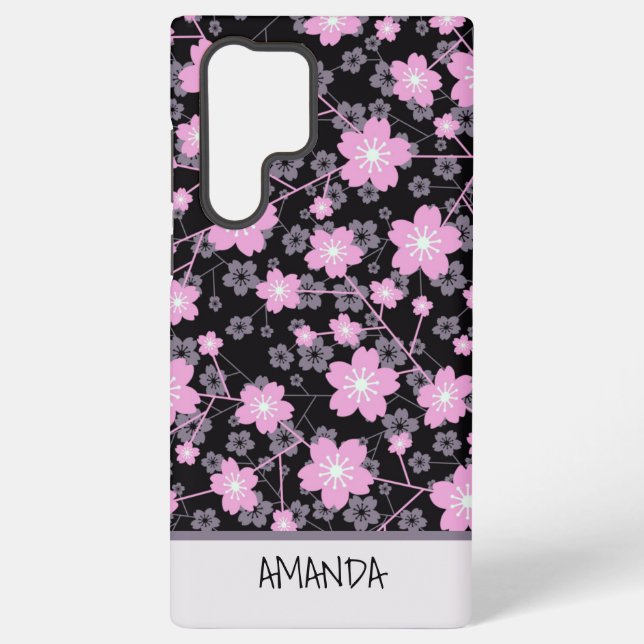 Custom Name Cherry Blossom pink floral pattern Samsung Galaxy S22 Ultra Case (Back)