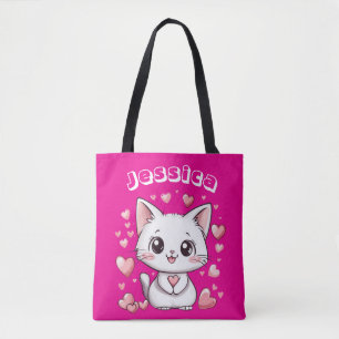 & Custom Name Chibi Cat Tote Bag with Pink Hearts 