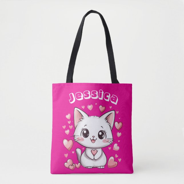 & Custom Name Chibi Cat Tote Bag with Pink Hearts  (Front)