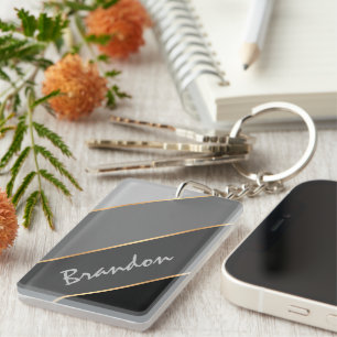 Custom Name Chic Black Dark Medium Grey Stripe Key Ring