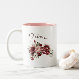 Custom Name Chic Burgundy Flowers Two-Tone Coffee Mug