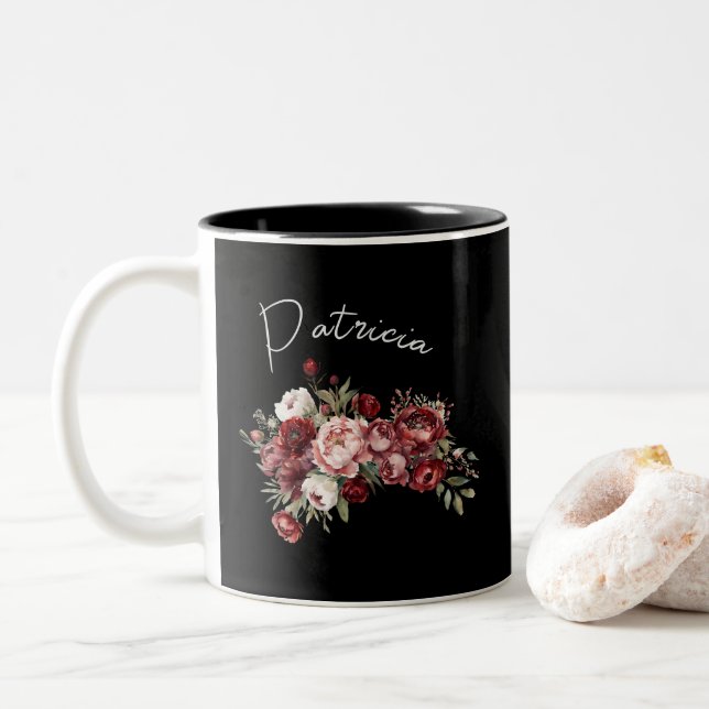 Custom Name Chic Burgundy Flowers Two-Tone Coffee Mug (With Donut)