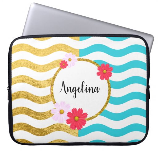 Image of Custom Name Chic Floral Laptop Sleeve | turquoise