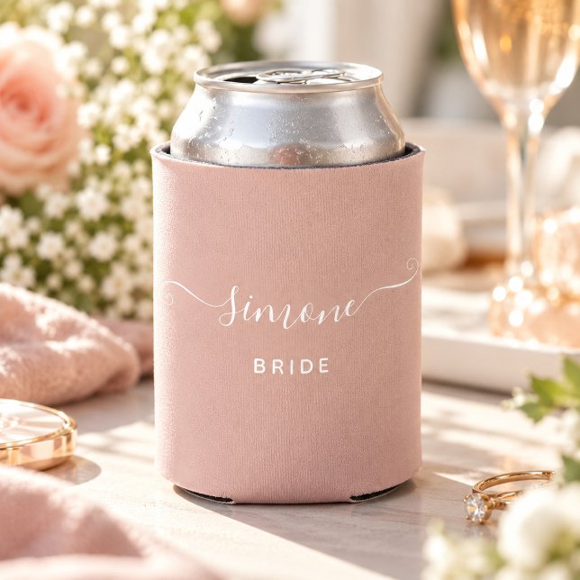 Custom Name Chic Script Wedding Bride Blush Pink Can Cooler (Creator Uploaded)