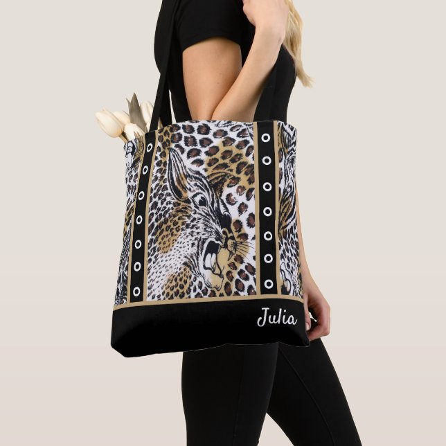 Custom Name Chic Stylish Brown Black White Leopard Tote Bag (Close Up)