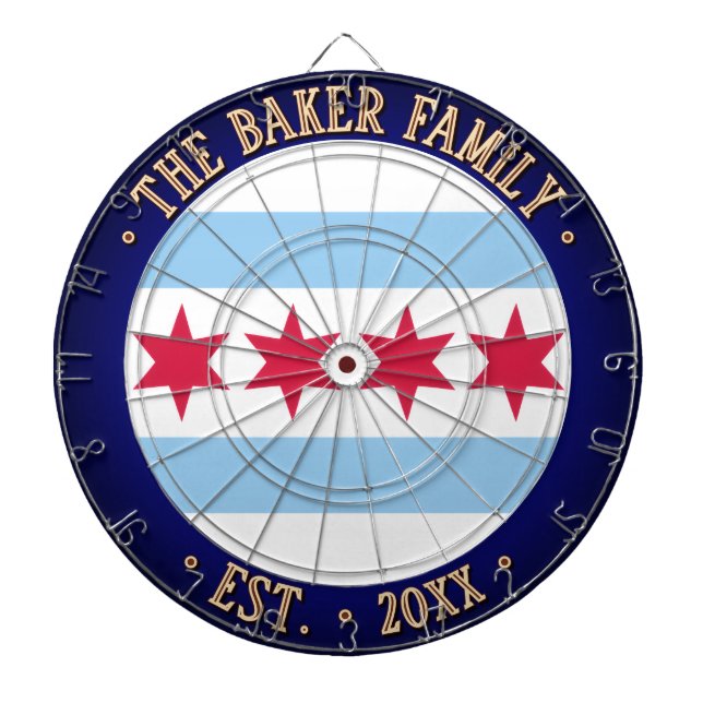 Custom Name CHICAGO FLAG Dark Navy Border Dartboard (Front)