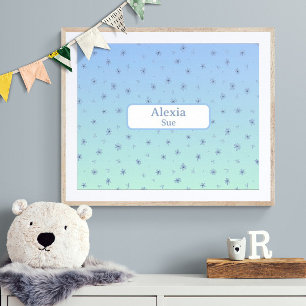 Custom Name Childs Room Decor Blues Flowers