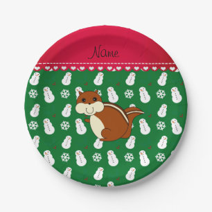 Custom name chipmunk green snowmen hollies paper plate