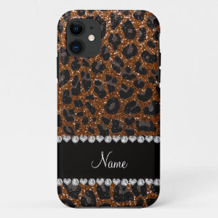Custom name chocolate brown glitter leopard print iPhone 11 case