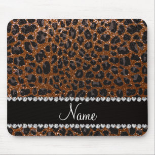 Custom name chocolate brown glitter leopard print mouse mat