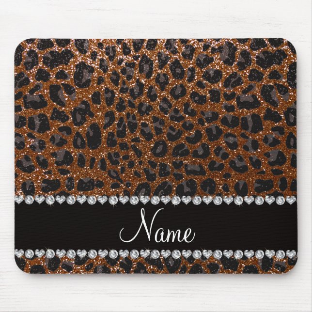 Custom name chocolate brown glitter leopard print mouse mat (Front)