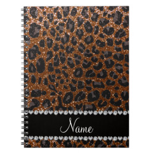Custom name chocolate brown glitter leopard print notebook