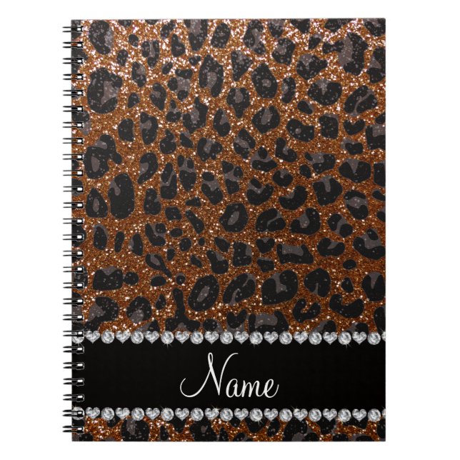 Custom name chocolate brown glitter leopard print notebook (Front)