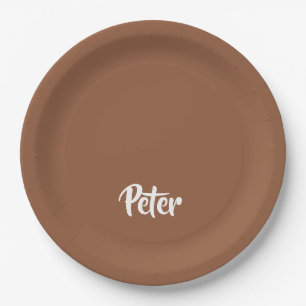 Custom name chocolate brown plain paper plate