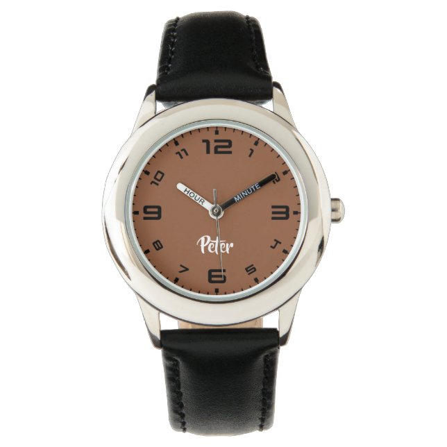Custom name  chocolate brown plain watch (Front)