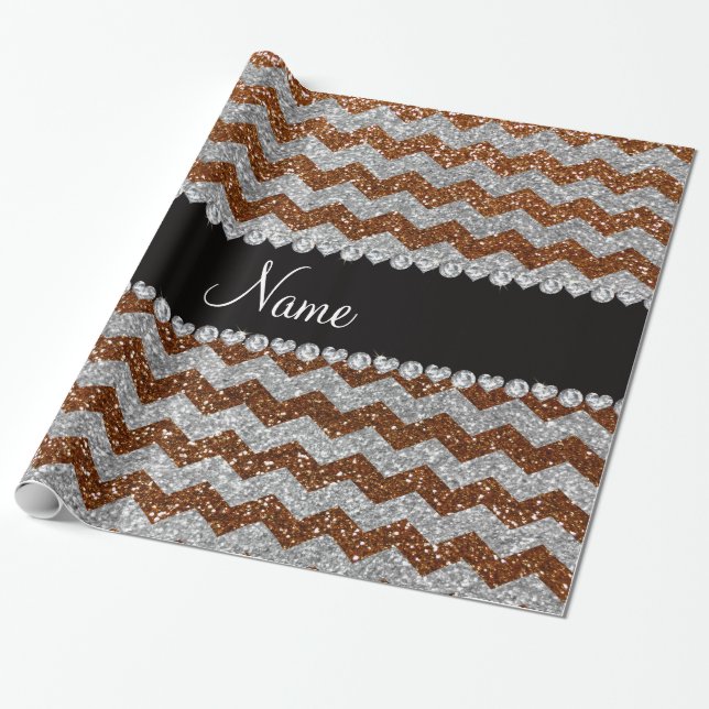 Custom name chocolate brown silver glitter chevron wrapping paper (Unrolled)