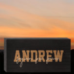 Custom Name Christian Bible Quote Modern Script  Wooden Box Sign<br><div class="desc">You can make your own personalised stylish name sign and add your custom short inspirational quote or Bible verse. This minimalistic tan on black in modern typography is a Christian faith quote, "forgiven. free. forever." This inspirational spiritual quote refers to the forgiveness and freedom we have through faith in Jesus...</div>