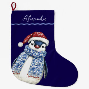 Custom Name Christmas Chinoiserie Penguin  Large Christmas Stocking