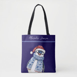 Custom Name Christmas Chinoiserie Penguin Tote Bag