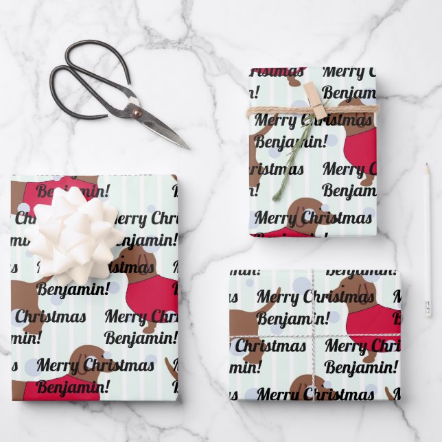 Custom Name Christmas Dachshund Dog (3 Sheets) Wrapping Paper Sheet (Front)