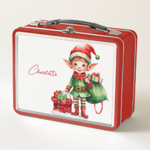 Custom Name Christmas elf with a sack of gifts Metal Lunch Box