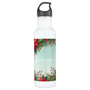 Custom Name Christmas Floral Watercolor Poinsettia 710 Ml Water Bottle