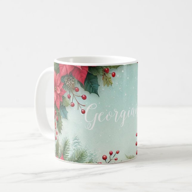 Custom Name Christmas Floral Watercolor Poinsettia Coffee Mug (Front Left)