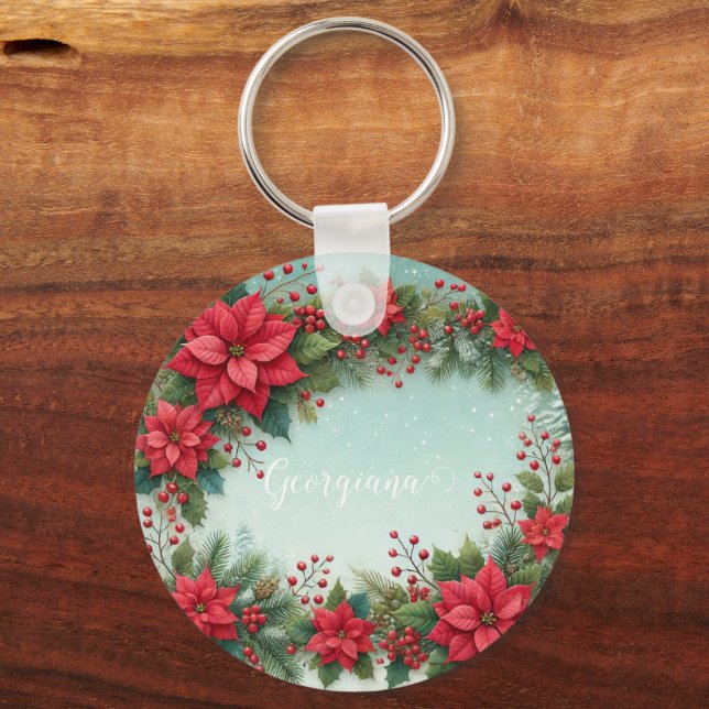Custom Name Christmas Floral Watercolor Poinsettia Key Ring (Front)