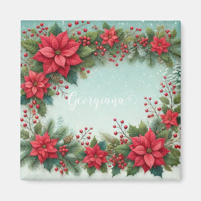 Custom Name Christmas Floral Watercolor Poinsettia Magnet (Front)