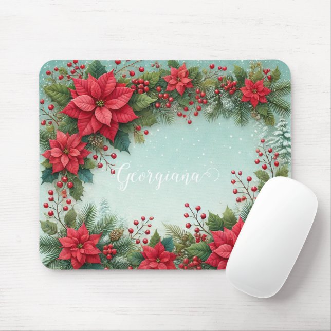 Custom Name Christmas Floral Watercolor Poinsettia Mouse Mat (With Mouse)
