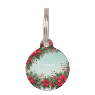 Custom Name Christmas Floral Watercolor Poinsettia Pet Tag