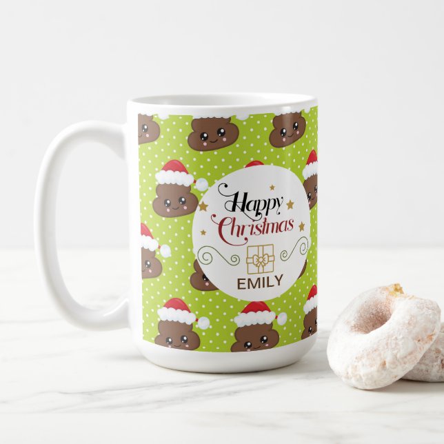 Custom Name Christmas Gift Mugs - Poo Emoji (With Donut)