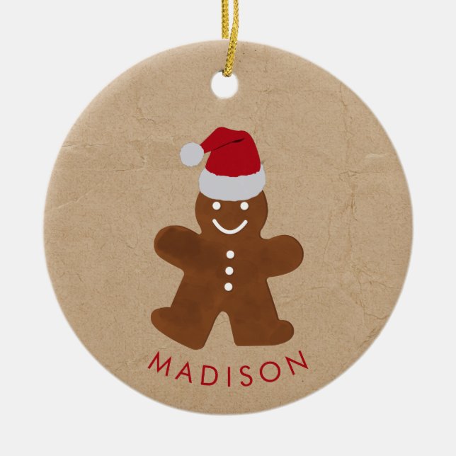 Custom Name Christmas Gingerbread Man Cookie Ceramic Tree Decoration (Front)