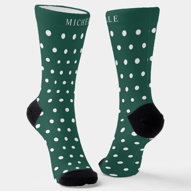Custom Name Christmas Hunter Green Polka Dot Socks (Angled)