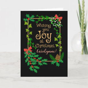 Custom Name Christmas Joy Holly and Mistletoe Card